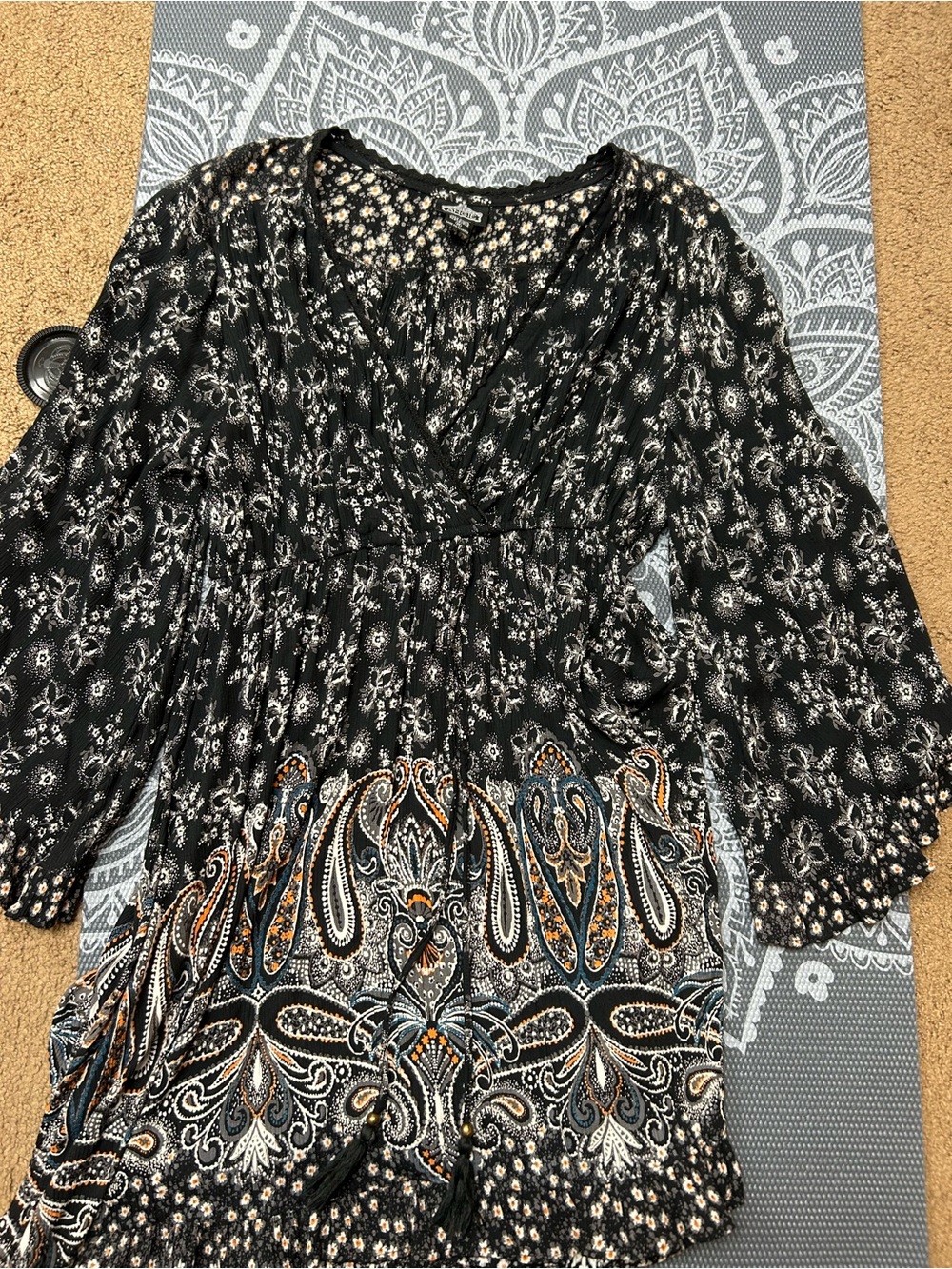 Angie Black Paisley V-Neck Long Sleeve Tunic with Orange & Blue Accents